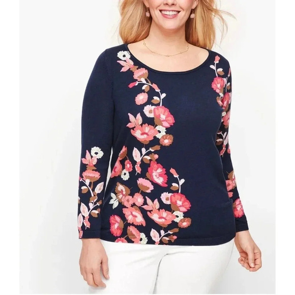 Talbots Women's Floral Crewneck Sweater Size Large Petite Blue Pink Multicolor - Picture 1 of 7